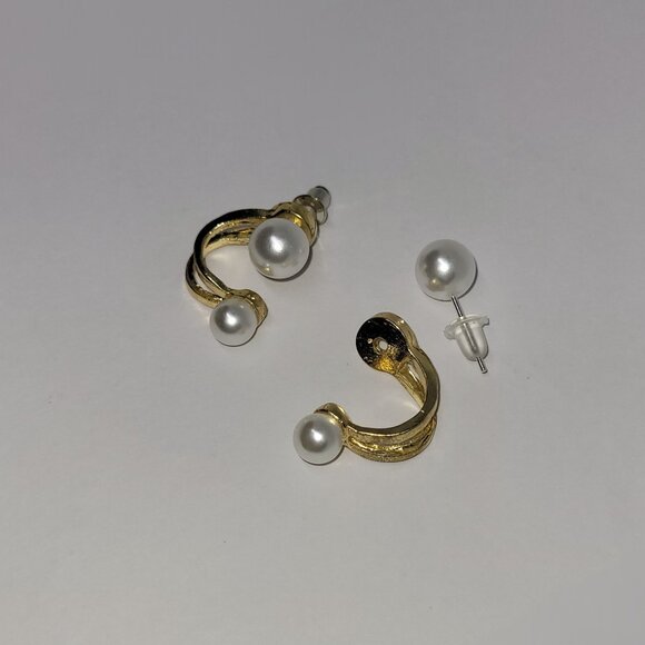 925 Sterling Silver | Faux Pearl-Duo Stud Earrings - Picture 2 of 3
